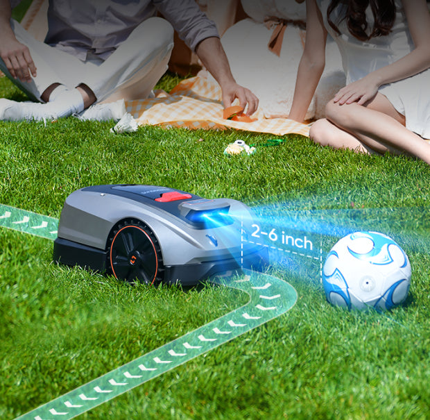 Robot lawn mower avoiding obstacles with AI vision