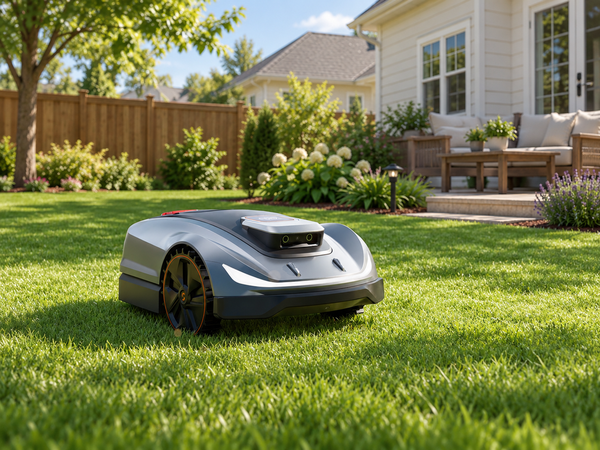  Sunseeker X5 robot mower mowing a backyard lawn
