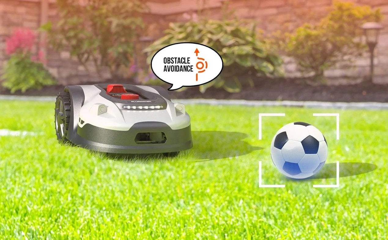 Remote controlled lawn mower avoiding obstacles in a yard