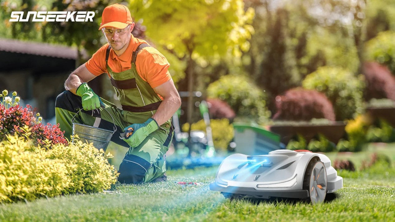 Sunseeker Orion X7 self-mowing lawn mower maintaining a backyard