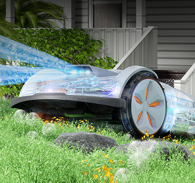 A futuristic robot lawn mower efficiently cutting grass in a yard, representing future trends in the lawn maintenance industry.