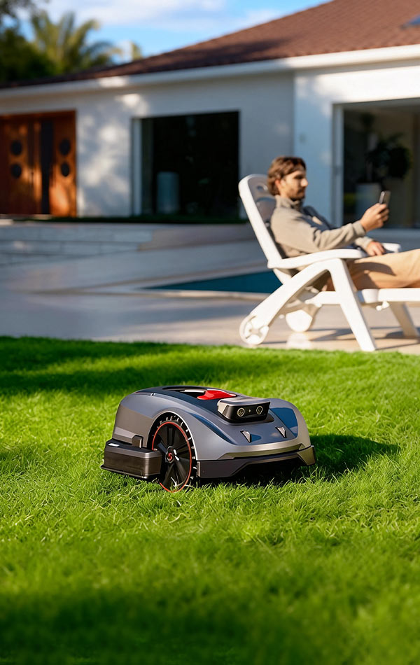 Robotic lawn mower on grass with a man using a smartphone in the background