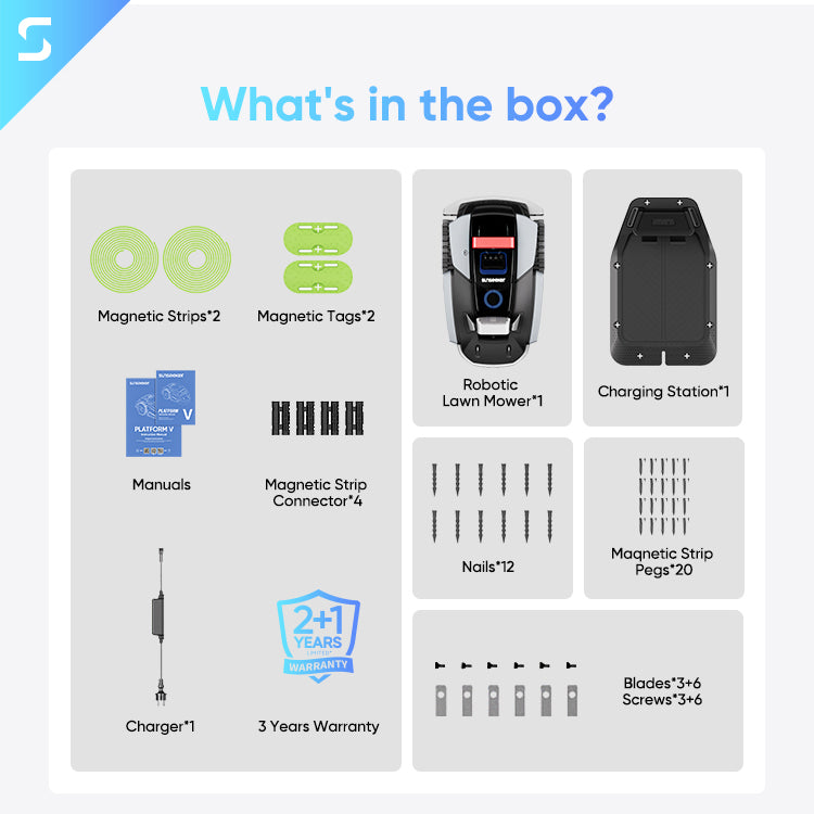 Sunseeker V3 auto robot lawn mower comes fully equipped in the box, ready for quick setup and use.