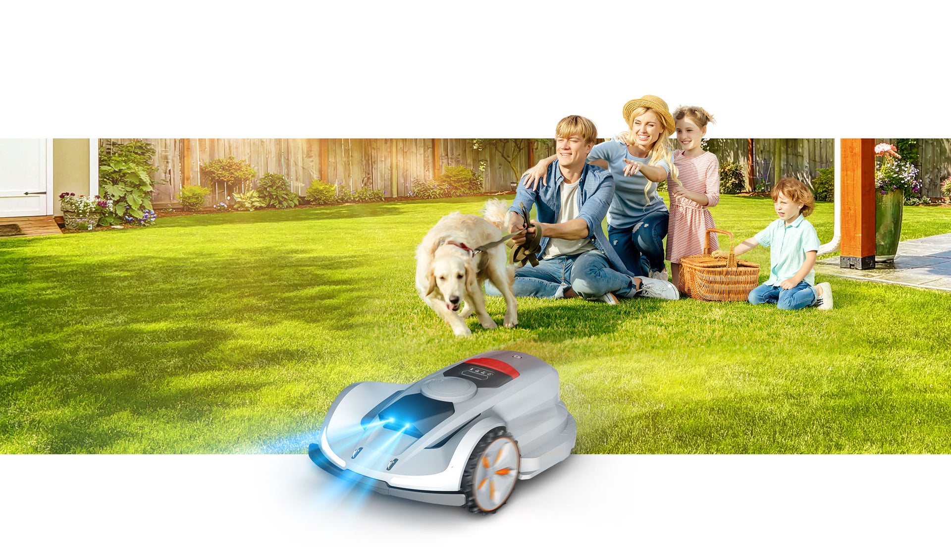 Happy family enjoying their backyard with the Sunseeker Tech automatic lawn mower, illustrating the ease of remote controlled lawn care