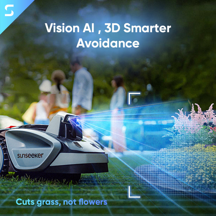 Sunseeker V3 auto lawn mower intelligently navigates and cuts grass while avoiding flowers, powered by vision AI technology.