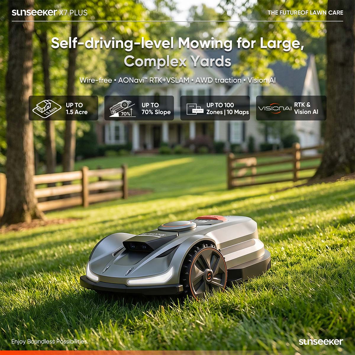 Robotic lawn mower on a grassy yard with text about its features.