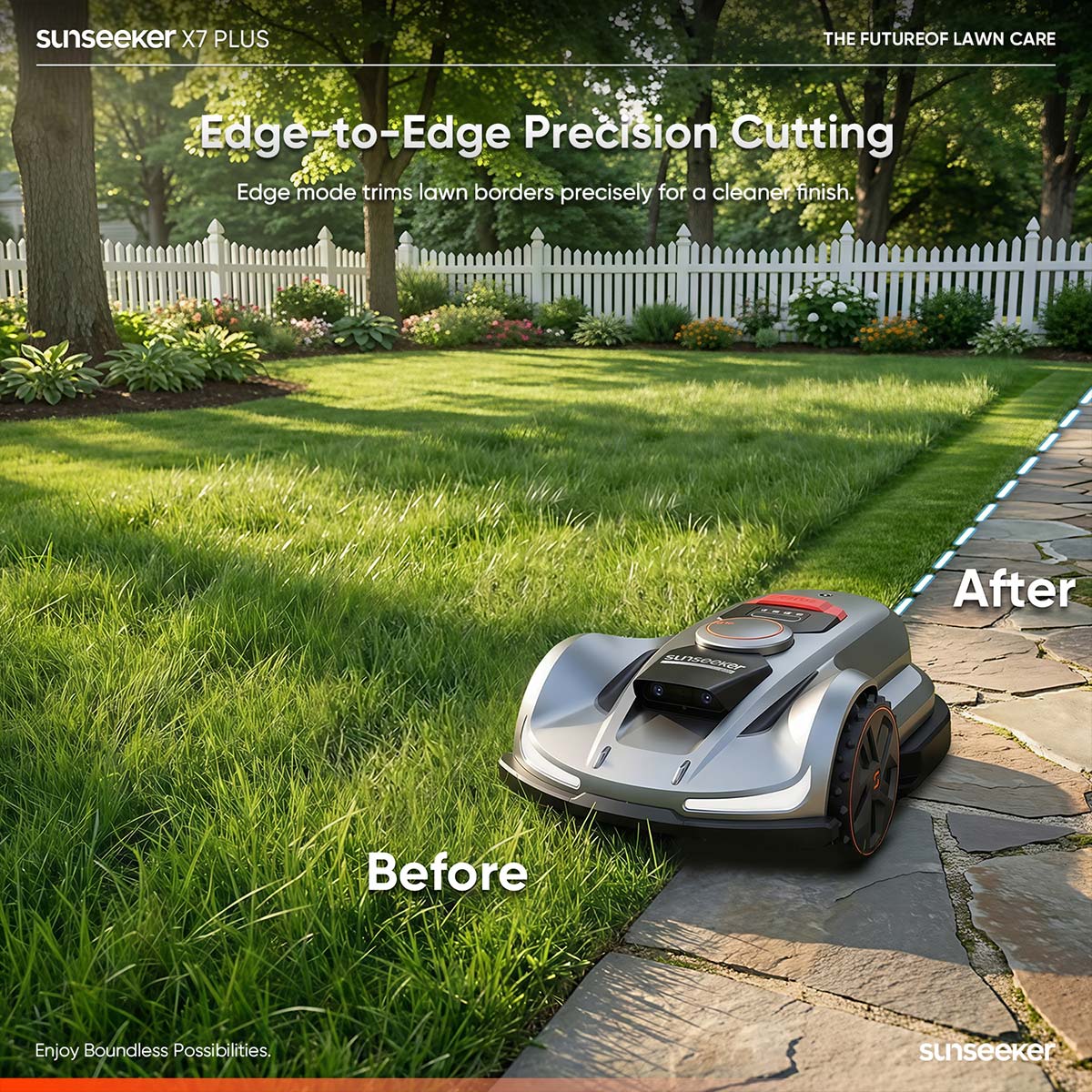 Robotic lawn mower cutting grass, Sunseeker brand visible.