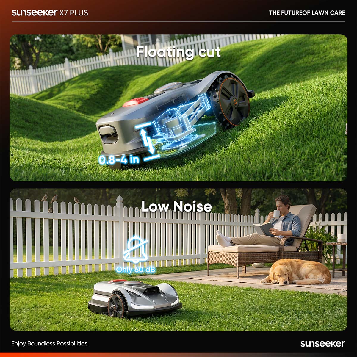 Robotic lawn mower in action on a grassy lawn with text highlighting features like 'Floating cut' and 'Low Noise'.