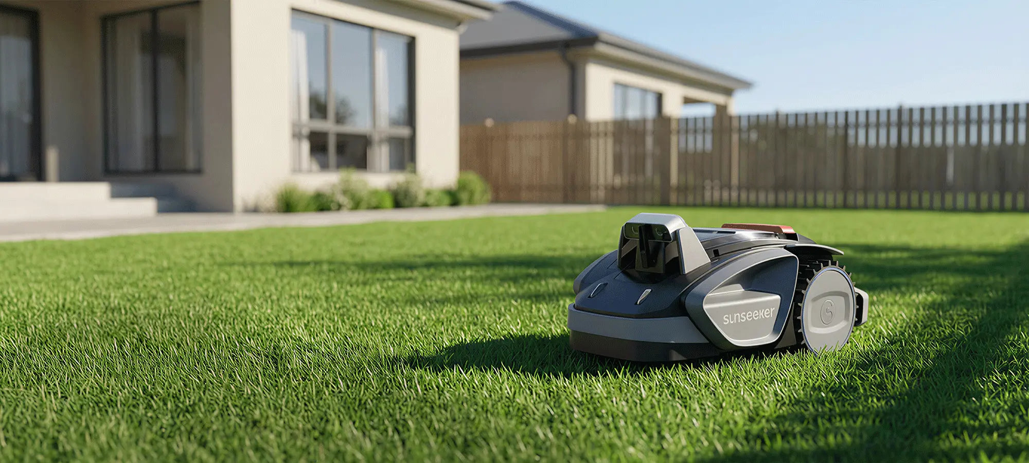 Robotic lawn mower on a well-maintained lawn in front of a house
