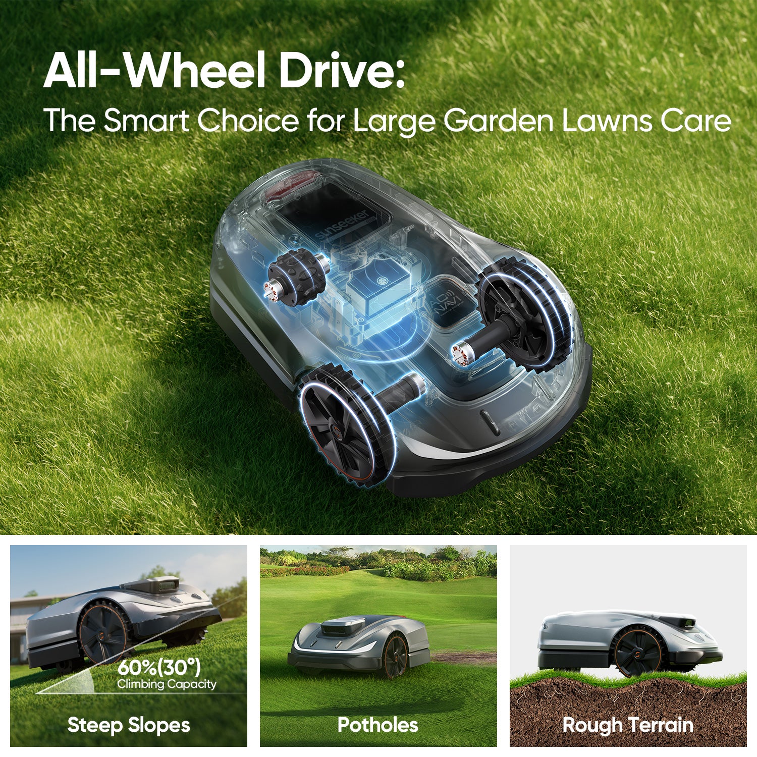 Sunseeker robotic lawn mower in garden