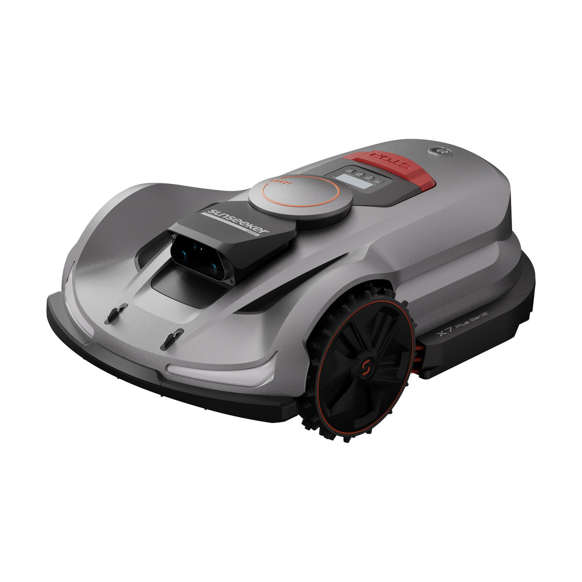 Sunseeker X7 Plus Gen 2 AWD robot lawn mower, front three-quarter view.